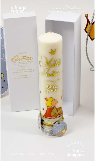 Lumanare stalp scurta pentru botez cu Micul Print folio gold 5